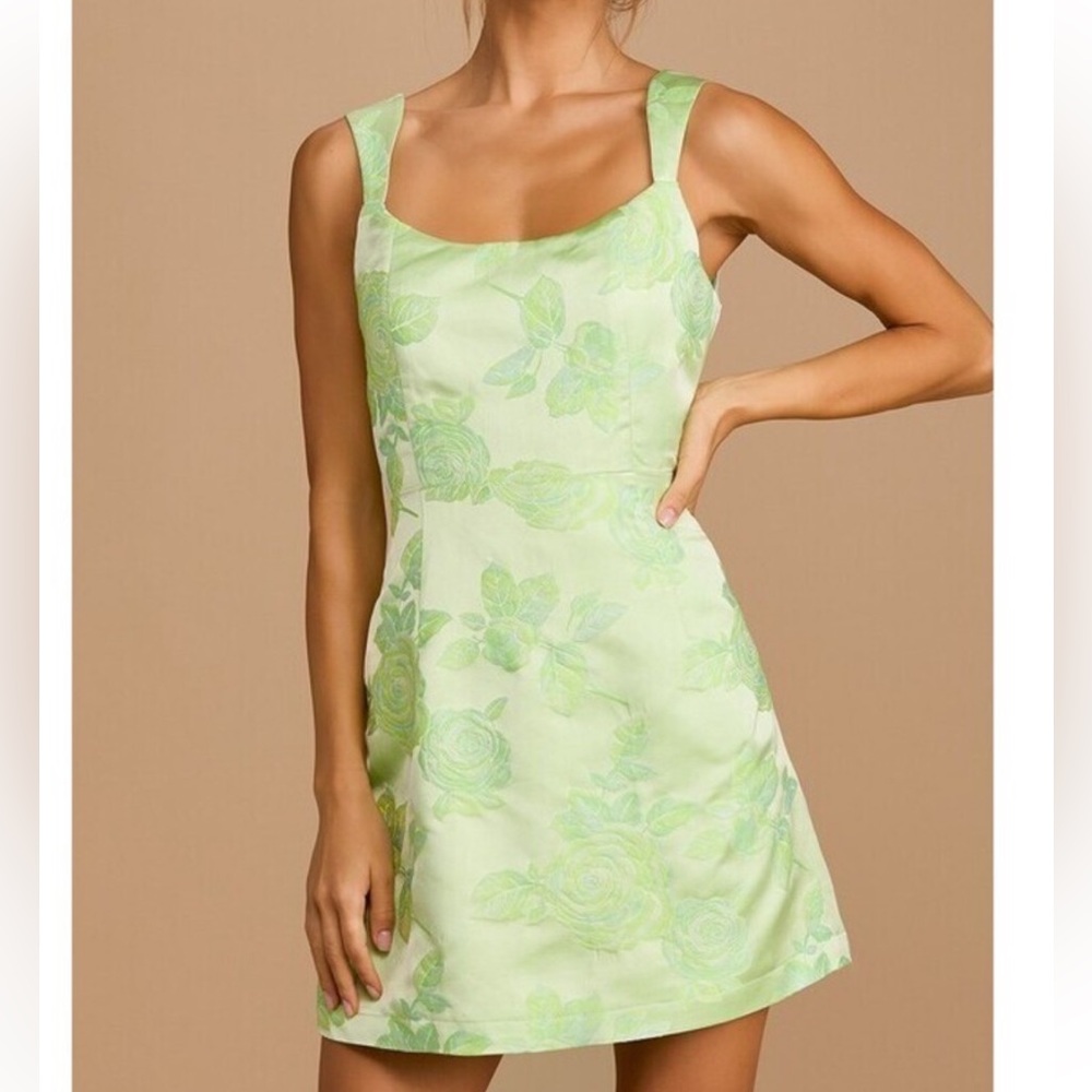 Lulus Brighter Side Light Green Floral Satin
Jacquard Mini Dress - Size M